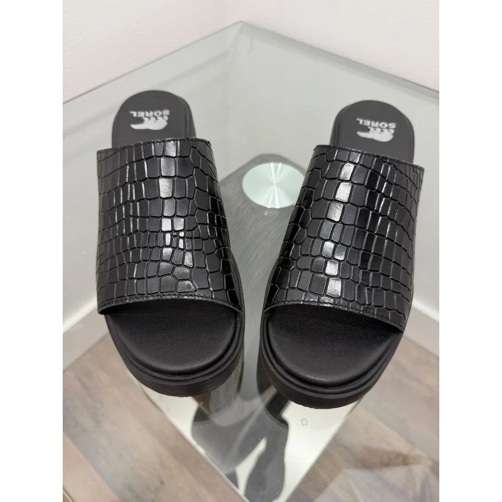 Sorel Brex Slide Sandal Black Croc Embossed Leather Platform Heel NL5085-010 7.5